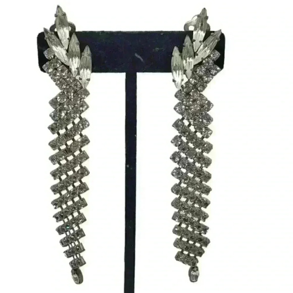 Vintage Earrings Rhinestone Super Long Dangle Clip Wedding Drama Deco Retro - Picture 1 of 10